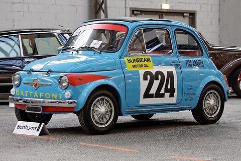 Light blue Fiat 500 with Gattafoni lettering, number 224 and Sunbeam decals, a Bonhams card on the floor. Opens a larger view
