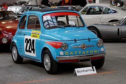Front of a light blue Fiat 500 rally car with Gattafoni across its nose and number 224 on its door. Opens a larger view