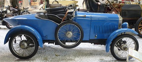 Side view of a pale blue two-seat cyclecar with flared wings, wire wheels and a pointed tail on a gravel display. Opens a larger view