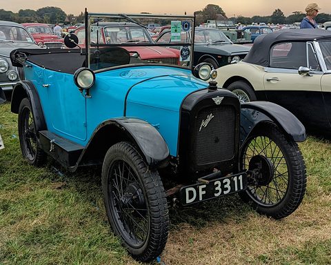 A bright blue open tourer with black wings and wire wheels in a car park among other classics. Opens a larger view