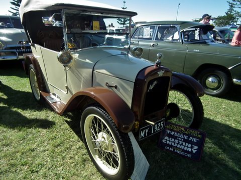 A cream open tourer with brown wings, its hood up and wire wheels, parked on grass in a park. Opens a larger view