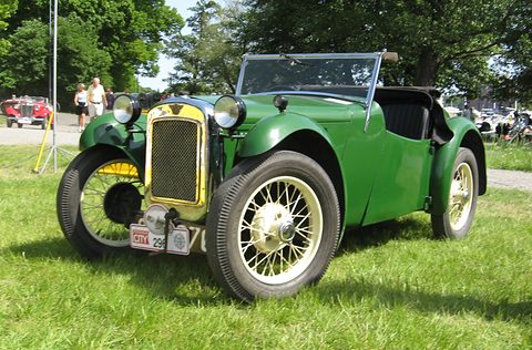 A green sports two-seater with a cream radiator and wire wheels on grass under trees. Opens a larger view