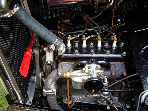 Close view of a small engine with a carburettor, plugs and leads beside the radiator. Opens a larger view