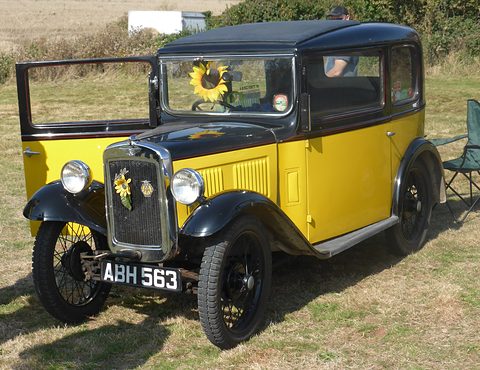 A yellow saloon with black roof and wings, its driver’s door open and a sunflower on the dashboard, on grass. Opens a larger view