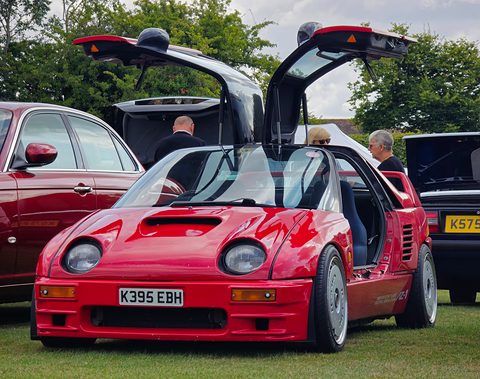 Red small coupé with both gullwing doors raised parked on grass among cars, people behind. Opens a larger view