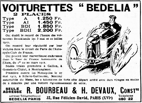 Printed advertisement with a drawing of a cyclecar at speed beside a price list and text. Opens a larger view