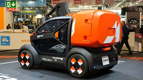 Dark grey tiny car with an orange cargo box and its door raised, on a round stand in an exhibition hall.