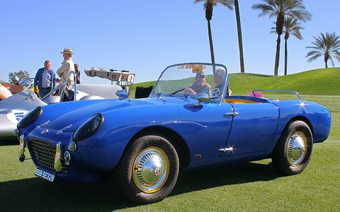 Blue open two-seater on a lawn with palm trees behind, a man seated inside. Opens a larger view