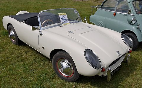 White open two-seater on grass seen from the front right, a pale Isetta behind. Opens a larger view