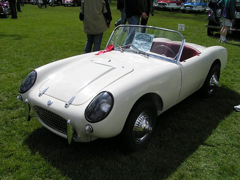 White open two-seater with chrome bumper bars, seen from the front right on grass. Opens a larger view