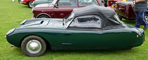 Dark green three-wheeler with a black fabric hood in side view on grass. Opens a larger view