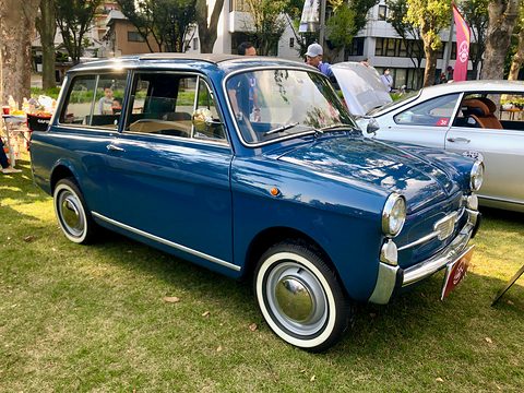Dark blue small estate with whitewall tyres parked on grass beside a silver car, visitors behind. Opens a larger view