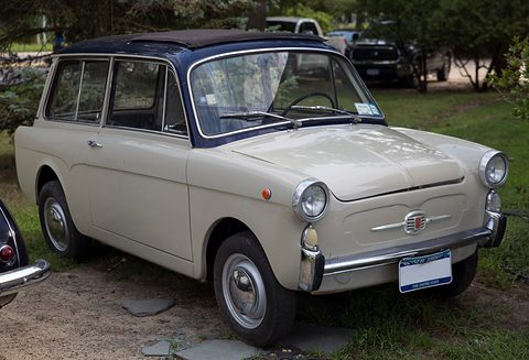 Beige small estate car with a dark blue roof and New York plate, parked on grass and stepping stones. Opens a larger view