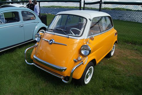 Yellow bubble car with white roof on grass beside a pale blue Beetle, a chain-link fence and lake behind. Opens a larger view