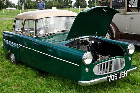 Green three-wheeler with a cream roof and its bonnet lifted, on grass with trees behind. Opens a larger view