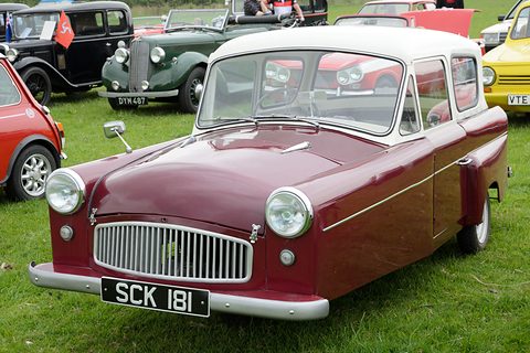 Maroon three-wheeler with a white roof and reverse-rake rear window, parked on grass. Opens a larger view