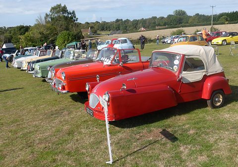 A long row of small three-wheelers parked on grass under a cloudy sky, a red one nearest.