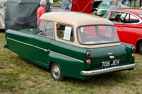 Green three-wheeler with a cream roof seen from behind, beside a covered car on grass. Opens a larger view