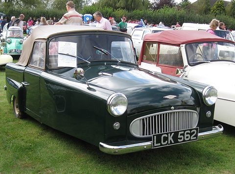 Dark green three-wheeler with a cream hood, chrome grille and bumper, on grass among other microcars.