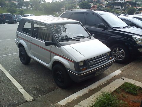 Silver and grey small two-box car with square headlamps and a red side stripe, parked in a car park beside a black SUV. Opens a larger view
