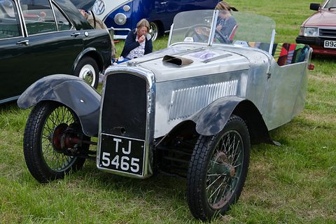 A three-wheeler with a polished bare-metal body, black wings and wire wheels on grass among other cars. Opens a larger view