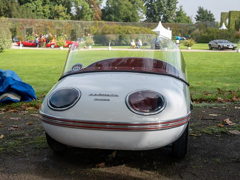 White rounded tail with two large round lamp housings and red pinstripes, on a lawn. Opens a larger view