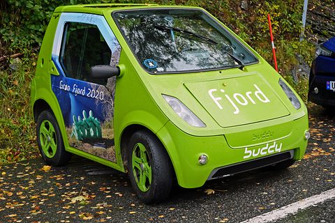 Lime-green rounded microcar with ‘Fjord’ on its bonnet and a fjord picture on its door on a leafy roadside. Opens a larger view