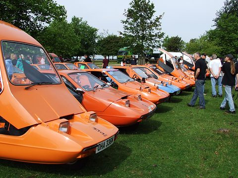 A row of tangerine wedge three-wheelers on grass, owners standing beside them under trees.
