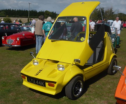 Yellow wedge car with two front wheels and its canopy raised, among classic cars on grass. Opens a larger view