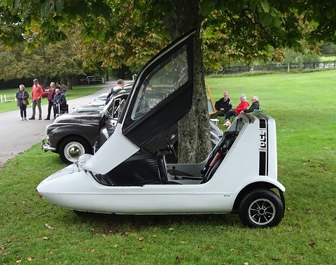 White three-wheeler side-on under a tree with its canopy raised, people on the lawn behind. Opens a larger view
