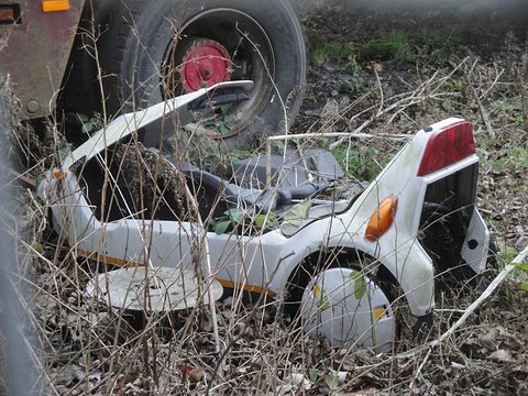 Dirty white electric tricycle half-hidden in dead brambles beside an old tyre. Opens a larger view