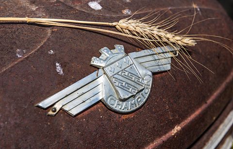 Chrome winged shield badge lettered CHAMPION on deep rust-brown metal, an ear of wheat laid above it. Opens a larger view