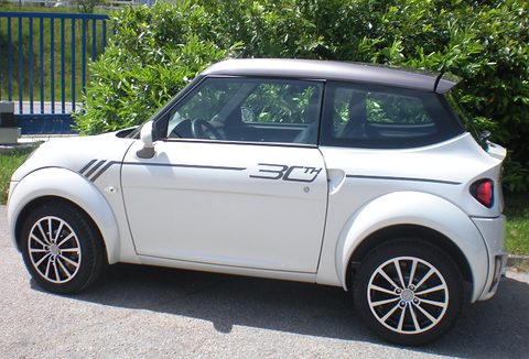 White small two-door car with a grey roof, 30TH graphics on its doors and alloy wheels, before a hedge and blue fence. Opens a larger view