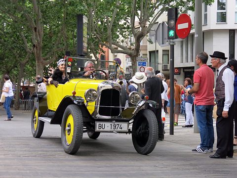 A yellow open car with costumed passengers driving past onlookers on a tree-lined pedestrian street. Opens a larger view