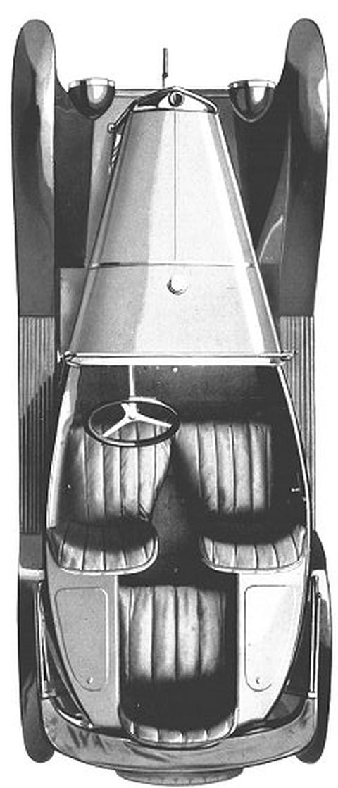 A view from above of a small open car: a tapering bonnet, a steering wheel and three leather seats in a cloverleaf. Opens a larger view
