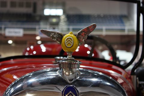 A winged radiator cap with a yellow chevron emblem above a chrome radiator shell and a blue badge. Opens a larger view