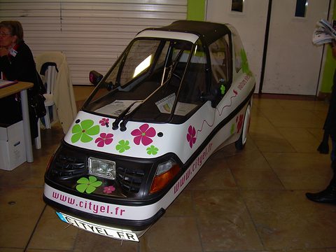 White single-seat three-wheeler covered in green and pink flower decals with a web address on its bumper, on a tiled floor. Opens a larger view