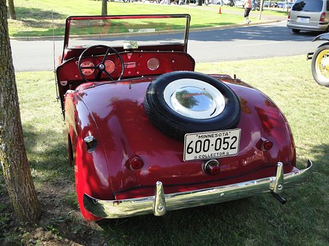 Rear of a deep red roadster with a spare wheel on its sloping tail and a Minnesota plate, a tree trunk at the left. Opens a larger view