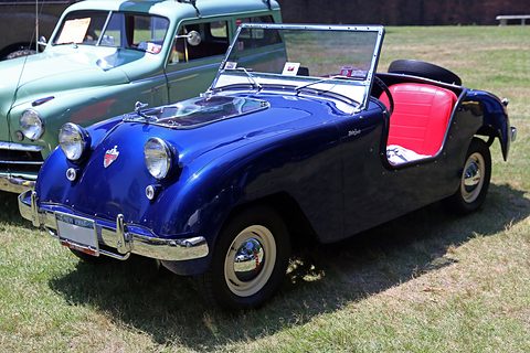 Dark blue doorless roadster with pink seats and a low windscreen, parked on grass beside a green car. Opens a larger view