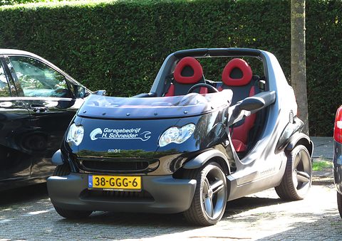 Black and silver doorless two-seater with red seats and dealer lettering on its nose, parked under trees beside a hedge. Opens a larger view