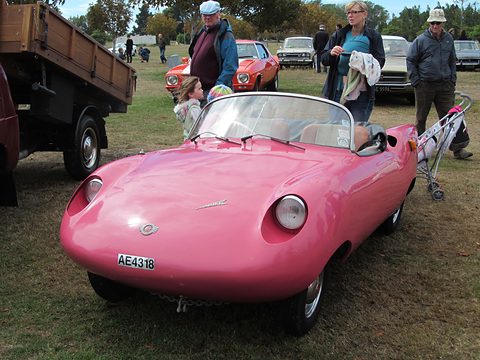 Pink open roadster on grass with visitors and a lorry behind. Opens a larger view