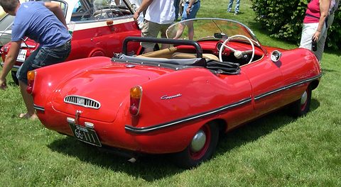 Rear three-quarter of a red open roadster on grass, people standing and leaning nearby. Opens a larger view