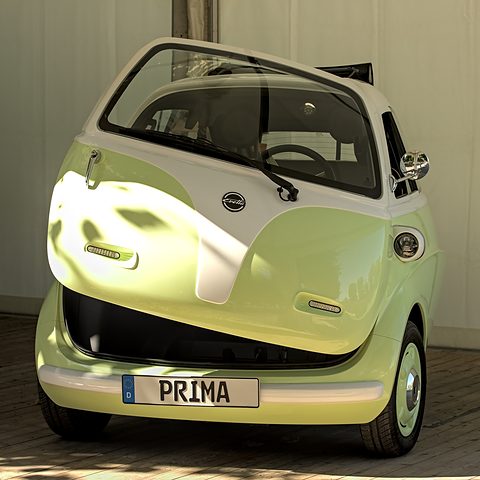 Pale-green and white bubble car with its whole front swung open, parked in dappled shade. Opens a larger view