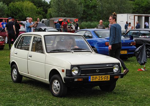 White small four-door hatchback on grass with Dutch plates, visitors and cars behind.