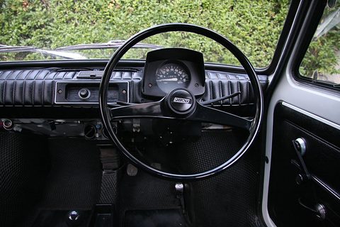 Black thin-rimmed steering wheel in front of a hooded round speedometer and a ribbed black dashboard, a hedge outside. Opens a larger view