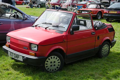Red small car with its fabric roof folded back and black bumpers parked on grass among other classic cars. Opens a larger view