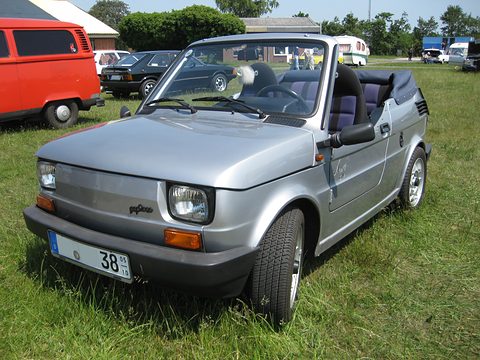 Silver small open car with purple seats, black bumpers and a folded hood parked on grass at an outdoor show. Opens a larger view