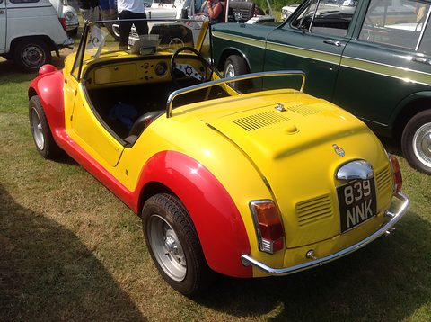 Yellow open roadster with bright red wings from the rear right, its louvred engine lid and British plate, on grass. Opens a larger view