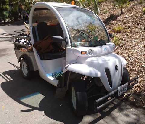 White open-sided two-seat electric car with a grille guard and round lamps on tarmac by a mulched bed. Opens a larger view