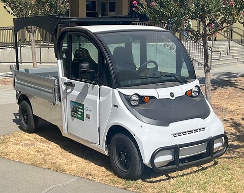 White two-seat electric utility vehicle with a black nose, grille guard and dropside flatbed on dry grass. Opens a larger view